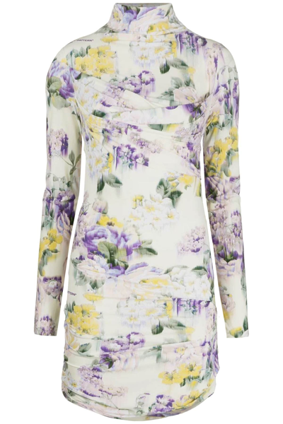 Shop Off-white Stretch Mini Dress With Floral Print In White,green,purple