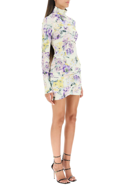 Shop Off-white Stretch Mini Dress With Floral Print In White,green,purple