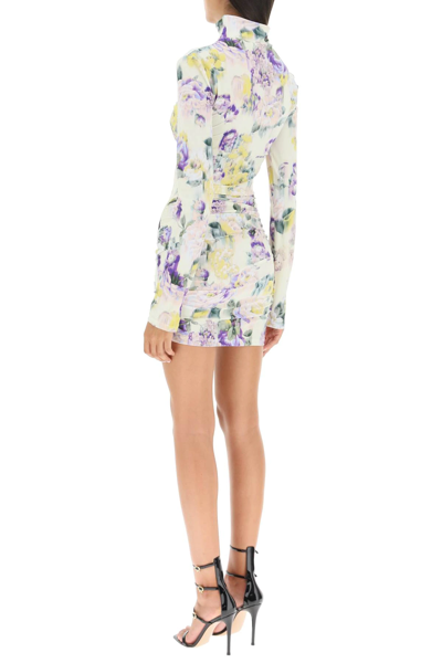 Shop Off-white Stretch Mini Dress With Floral Print In White,green,purple