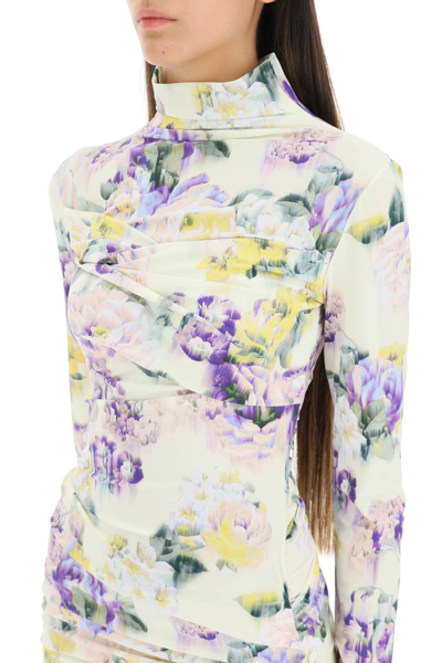 Shop Off-white Stretch Mini Dress With Floral Print In White,green,purple