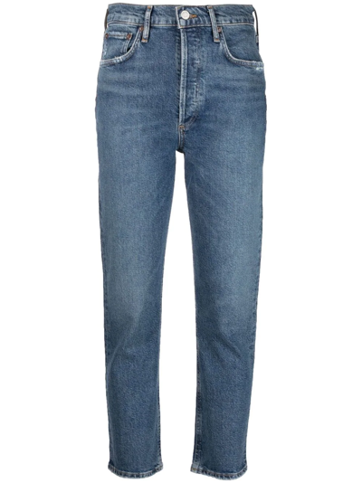 Shop Agolde Cropped Denim Jeans In Blue