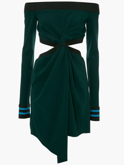 Shop Jw Anderson Twisted Cut Out Off Shoulder Mini Dress In Green