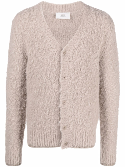 Shop Ami Alexandre Mattiussi V-neck Brushed-knit Cardigan In Neutrals