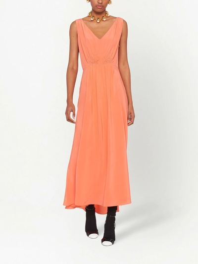 Miu Miu Gathered-bodice Silk Dress In Orange