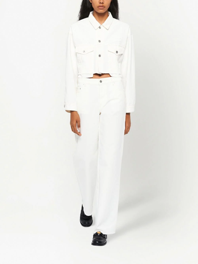 Shop Miu Miu Embroidered-logo Cropped Denim Jacket In White