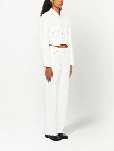 Shop Miu Miu Embroidered-logo Cropped Denim Jacket In White