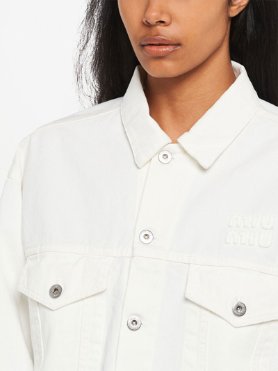 Shop Miu Miu Embroidered-logo Cropped Denim Jacket In White