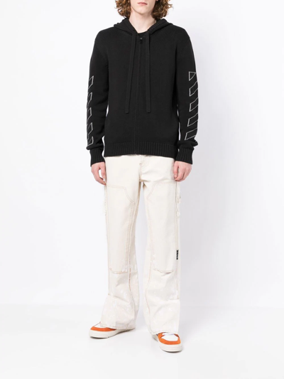 Off-white Diag Outline Knitted Zip-up Hoodie In Black