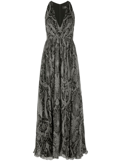 Etro Long Dress In Black Silk Chiffon With Paisley Print In Black