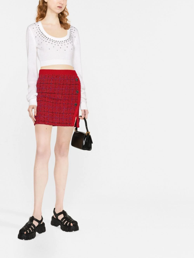 Shop Self-portrait Crystal Button Knitted Skirt In Red