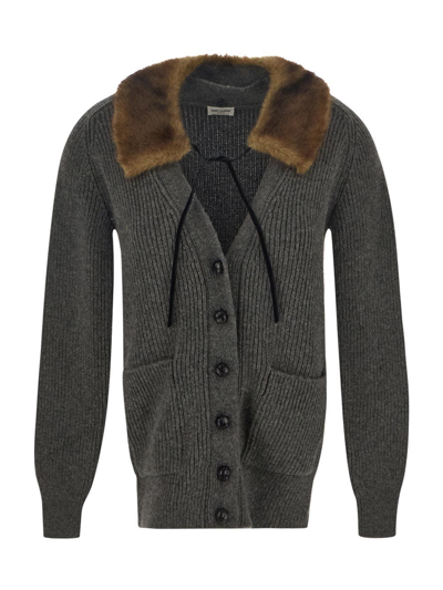 Shop Saint Laurent Grey Cardigan With Faux Fur