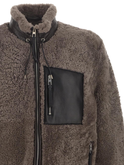 Shop Loewe Shearling Jacket In Grey