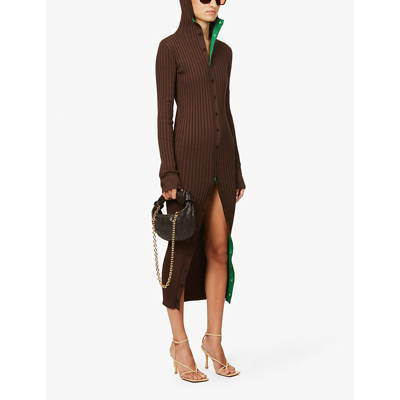 Shop Bottega Veneta Hooded Ribbed Silk-blend Knitted Midi Dress In Fondant