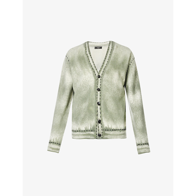 Shop Amiri Sprayed Relaxed-fit Cashmere Cardigan In Military Green