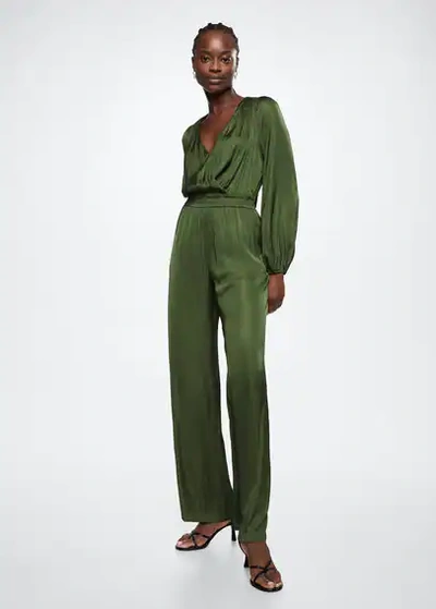 Mango Long Satin Jumpsuit Dark Green | ModeSens