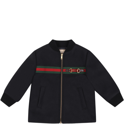 Shop Gucci Blue Jacket For Baby Boy With Web And Horsebit Detail