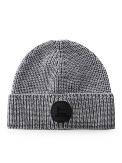 Shop Woolrich Logo Beanie In Grey Melange