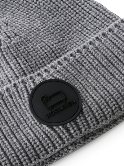 Shop Woolrich Logo Beanie In Grey Melange