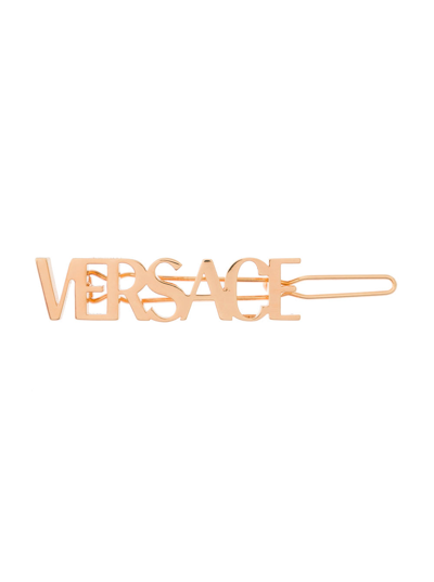 Shop Versace Antique Gold-tone Logo Hair Clip In Brass  Woman In Metallic