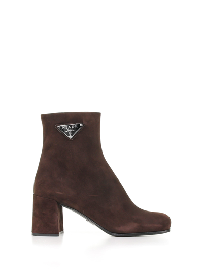 Shop Prada Suede Ankle Boot With Heel In Moro