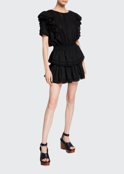 Shop Loveshackfancy Natasha Ruffle Lace-trim Mini Dress In Black