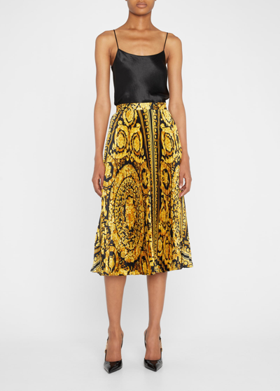 Shop Versace Baroque Heritage Print Twill Pleated Midi Skirt In Blackgold