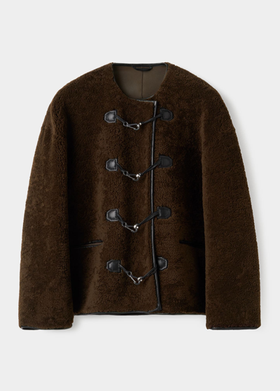 Shop Totême Teddy Shearling Leather-trim Clasp Jacket In Saddle Brown 878
