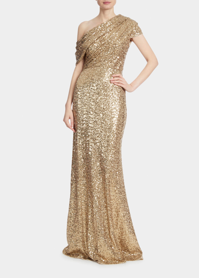 Shop Badgley Mischka Asymmetric Drape Shoulder Sequin Gown In Gold