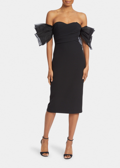 Shop Badgley Mischka Organza Puff Sleeve Off-the-shoulder Midi Dress In Black
