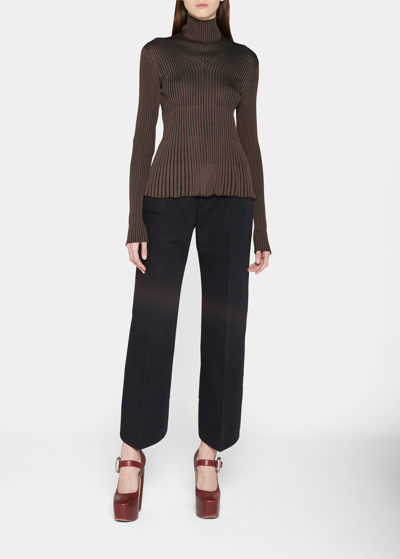 Shop Bottega Veneta Button-keyhole Turtleneck Plisse Knit Sweater In Multioak