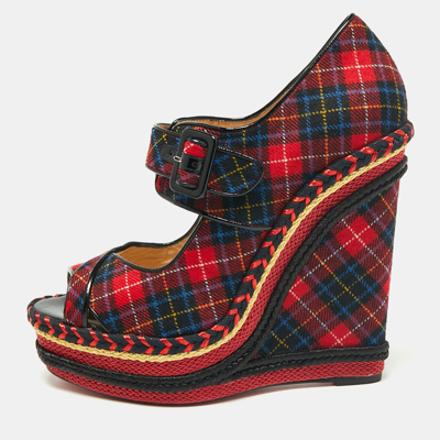 Pre-owned Christian Louboutin Multicolor Tartan Print Wool Blend Lady Daf Wedge Pumps Size 41