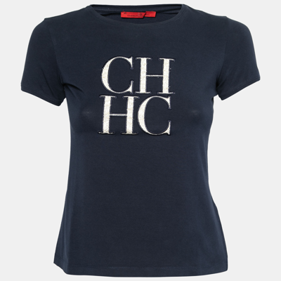 Pre-owned Ch Carolina Herrera Navy Blue Cotton Logo Embroidered T-shirt Xs  | ModeSens