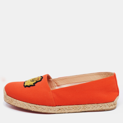 Pre-owned Christian Louboutin Orange Canvas Gala Embroidered Crest Espadrille Loafers Size 40