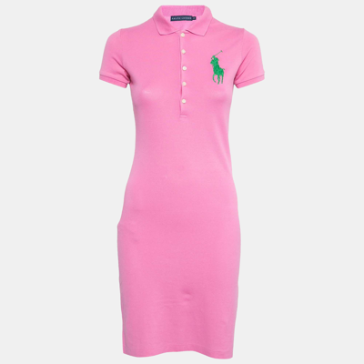 Pre-owned Ralph Lauren Pink Logo Embroidered Cotton Pique Short Sleeve Dress Xs