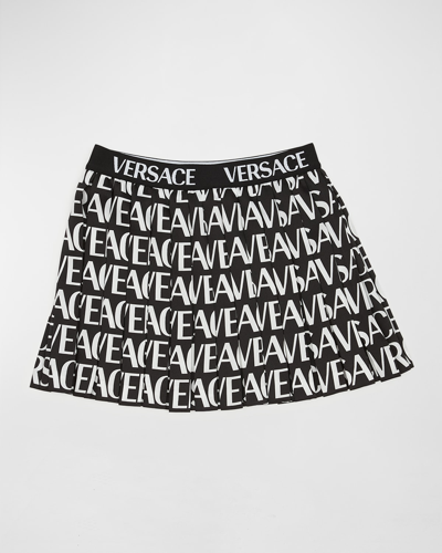 Shop Versace Girl's Logo Tape Pleated Skirt In Blackwhite