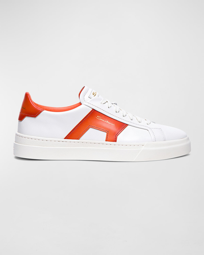 Shop Santoni Men's Dbs1 Leather Double Buckle Low-top Sneakers In White/orange
