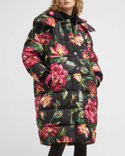 Shop Dolce & Gabbana Floral-print Parka Jacket W/ Detachable Hood In Black Prt
