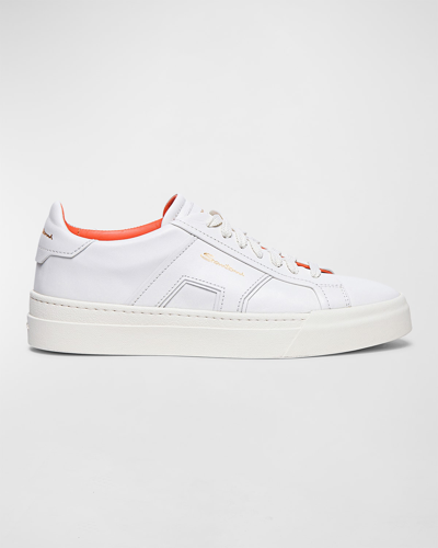 Shop Santoni Men's Dbs1 Leather Double Buckle Low-top Sneakers In White/white