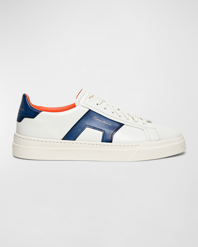 Shop Santoni Men's Dbs1 Low-top Leather Sneakers In White/blue
