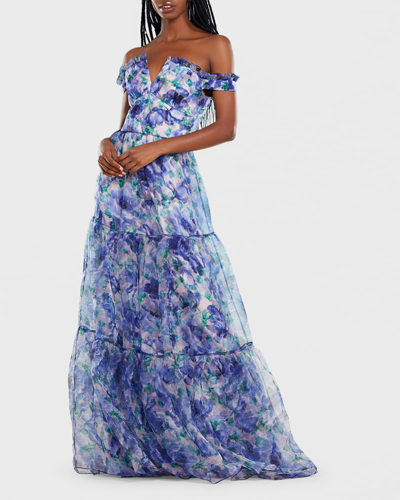 Shop Theia Dionne Floral Off-the-shoulder Gown In Watercolor Poppie