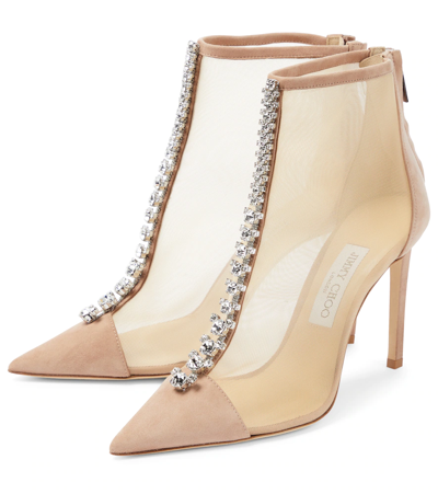 Shop Jimmy Choo Bing 100 Mesh And Suede Ankle Boots In Ballet Pink/crystal