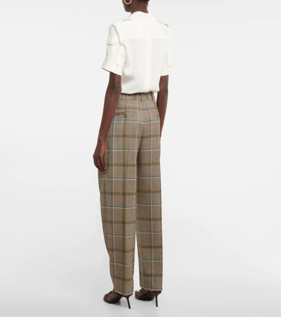 Shop Victoria Beckham Checked Straight Leg Pants In Turquoise/olive