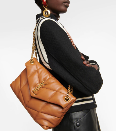 Shop Saint Laurent Puffer Small Leather Shoulder Bag In Dark Honey