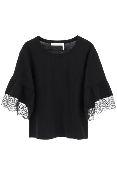 Shop See By Chloé Lace Trim Sleeves T-shirt In Black