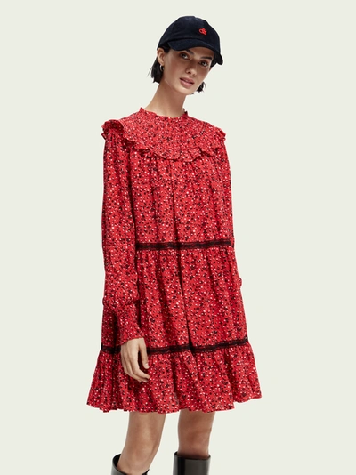 Shop Scotch & Soda Smocked And Tiered Mini Dress In Red