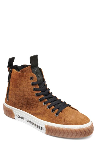 Shop Karl Lagerfeld Suede Croc Embossed High-top Sneaker In Cognac