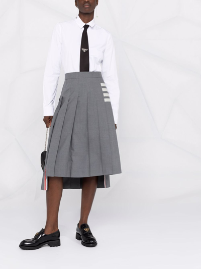 Shop Thom Browne Women Below Knee Dropped Back Pleated Skirt In Engineered 4 Bar Plain Weave Suiting In 035 Med Grey