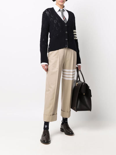 Shop Thom Browne Women V-neck Cardigan W/ 4 Bar In Irish Pointelle Cable 5gg Sustainable Merino Wool In 415 Navy