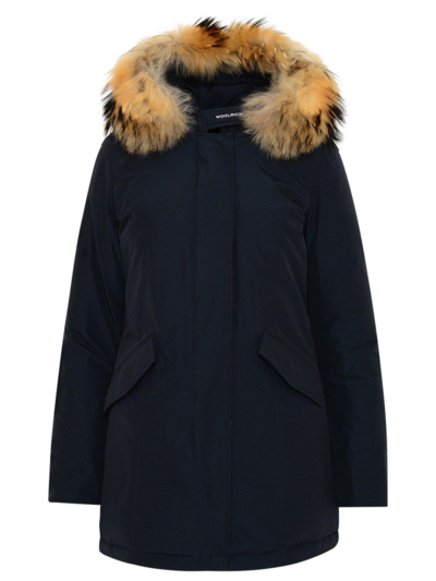 Shop Woolrich Fur-trimmed Hooded Padded Coat In Blu Navy