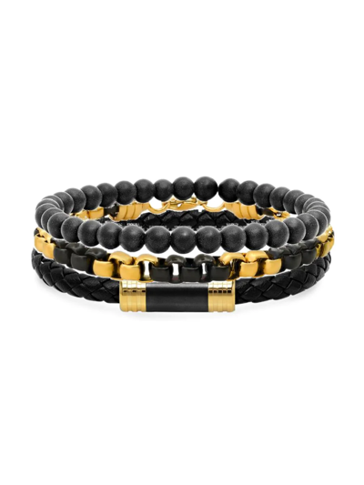 Shop Anthony Jacobs 3-piece Two-tone Stainless Steel, Lava Beads & Leather Bracelet Set In Black